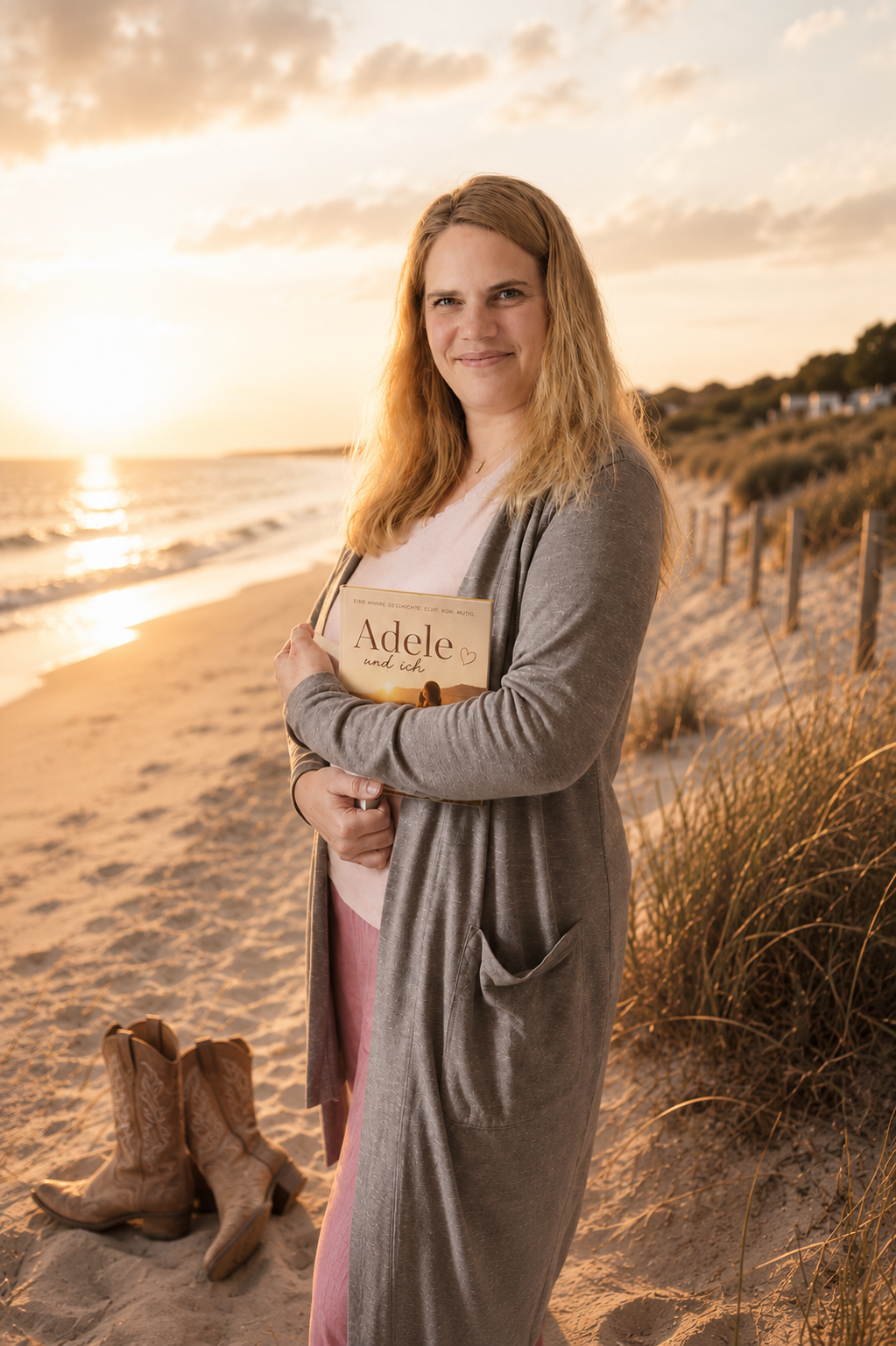 Katrin Köster hält ihr Buch Adele und ich am Strand